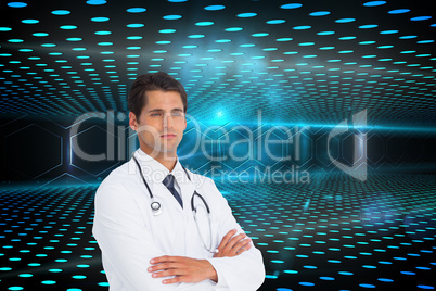 Composite image of serious doctor with arms crossed