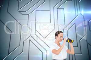 Composite image of serious elegant businesswoman looking through