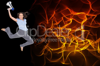 Composite image of cheerful classy businesswoman jumping while h