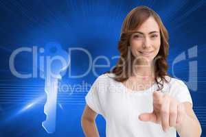 Composite image of attractive brunette pointing