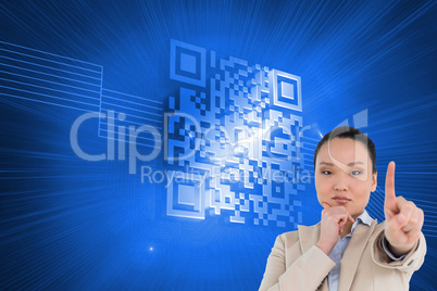 Composite image of thoughtful asian businesswoman pointing