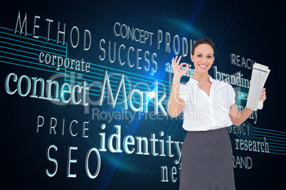 Composite image of stylish businesswoman making gesture while ho