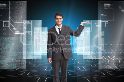 Composite image of happy businessman presenting