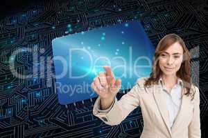 Composite image of portrait of businesswoman touching invisible