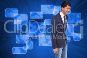 Composite image of smiling casual businessman walking