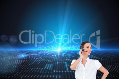 Composite image of cheerful smart call center agent working