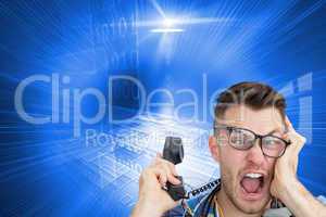 Composite image of frustrated computer engineer screaming while