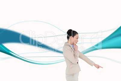 Composite image of thoughtful asian businesswoman pointing