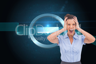 Composite image of stressed businessswoman with hand on her head