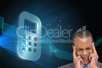 Composite image of stressed businessman putting his fingers on h