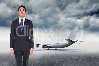 Composite image of serious businessman looking up