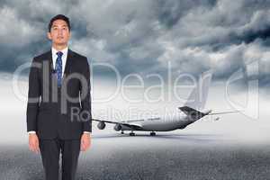 Composite image of serious businessman looking up