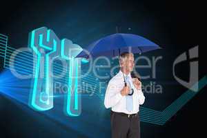 Composite image of happy businessman holding umbrella