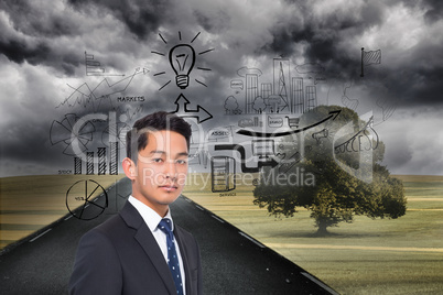 Composite image of black white graphic over landscape background