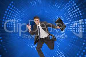 Composite image of cheerful businessman in a hury