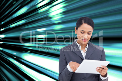 Composite image of close up of saleswoman with her touch screen