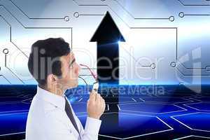 Composite image of unsmiling businessman holding glasses