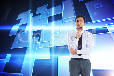 Composite image of thinking businessman holding glasses Composite image of thinking businessman holding glasses