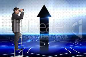 Composite image of businessman standing on ladder