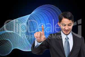 Composite image of smiling asian businessman pointing