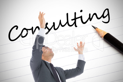 Composite image of unsmiling businessman with arms raised