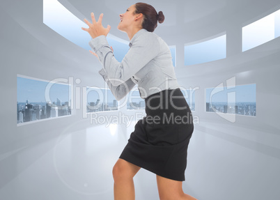 Composite image of furious businesswoman gesturing