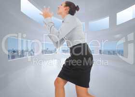 Composite image of furious businesswoman gesturing