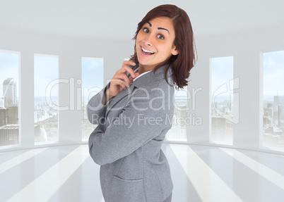 Composite image of smiling thoughtful businesswoman