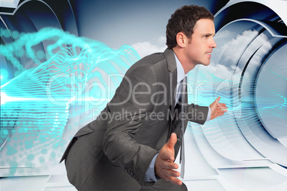 Composite image of businessman posing with hands out