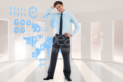 Composite image of thoughtful businessman with hand on head