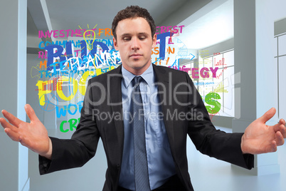 Composite image of businessman posing with arms out