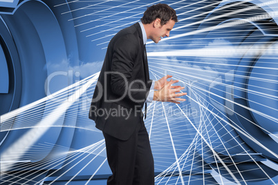 Composite image of stressed businessman gesturing