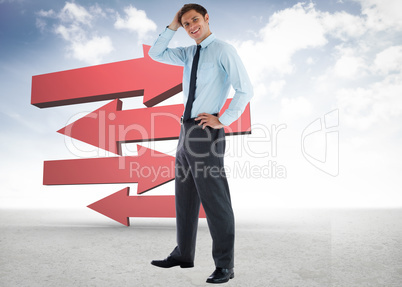 Composite image of thoughtful businessman with hand on head