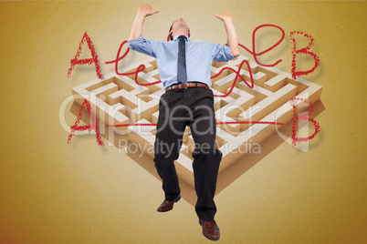 Composite image of businessman posing with arms up