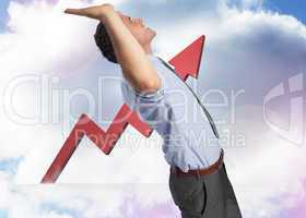 Composite image of businessman standing with hands up