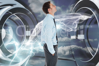 Composite image of happy businessman standing with hand in pocke