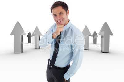 Composite image of thoughtful businessman with hand on chin