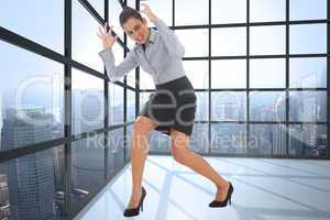 Composite image of furious businesswoman gesturing