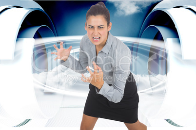 Composite image of furious businesswoman gesturing