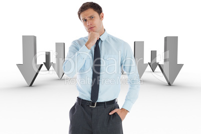 Composite image of thoughtful businessman with hand on chin