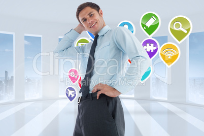 Composite image of thinking businessman with hand on head