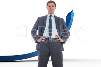 Composite image of cheerful businessman with hands on hips