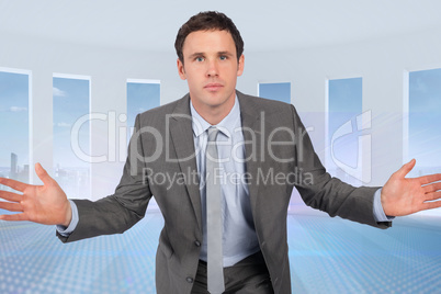 Composite image of businessman posing with hands out