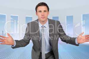 Composite image of businessman posing with hands out