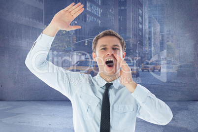 Composite image of businessman shouting and waving