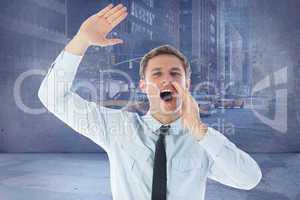 Composite image of businessman shouting and waving
