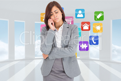 Composite image of thinking upset businesswoman