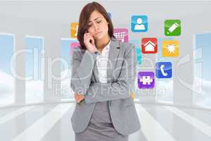 Composite image of thinking upset businesswoman