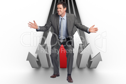 Composite image of businessman standing with arms out