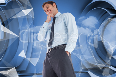 Composite image of thoughtful businessman with hand on chin